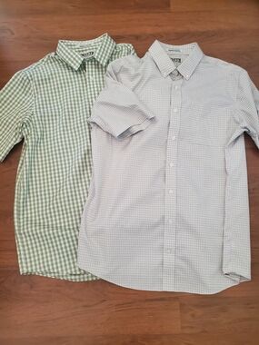 (2) Duluth Trading Button-Down Short Sleeve Check Shirt - Green / Light Gray LT